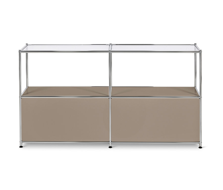 Metalowa szafka typu sideboard „CN3” z 2 klapami i szklaną półką, szarobeżowa.