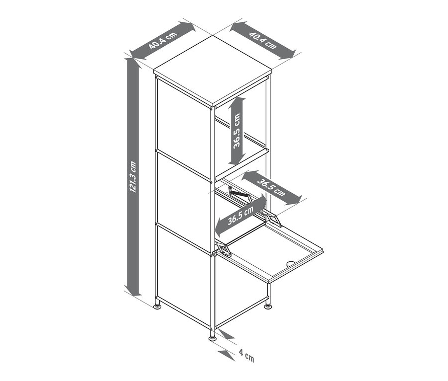 Rysunek wąskiej, białej metalowej komody „CN3” z drewnianym blatem i dwoma klapami.