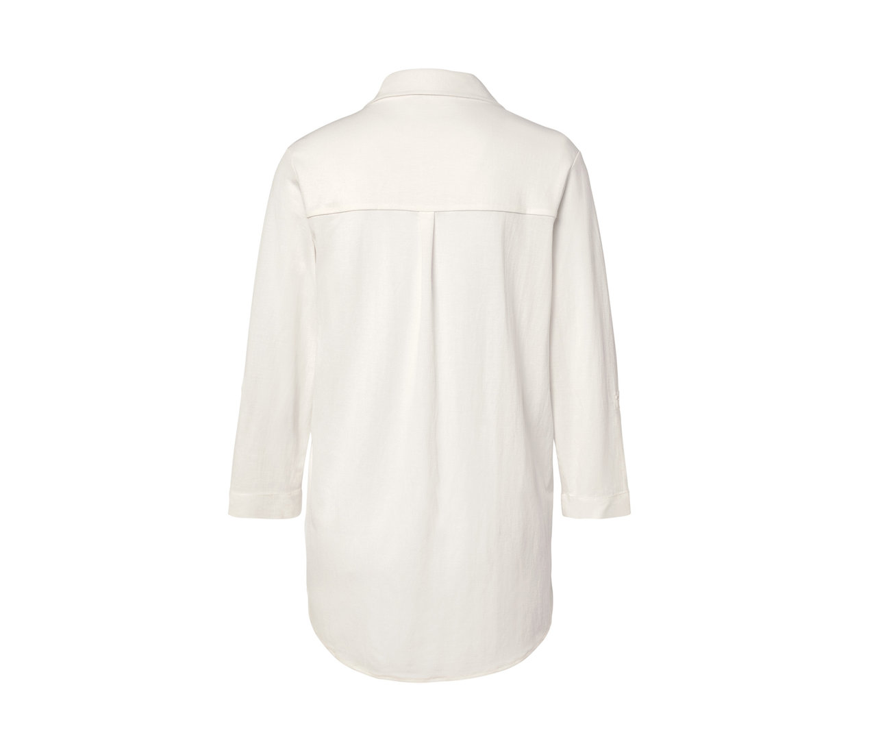 Widok z tyłu kremowobiałej bluzki z dżerseju piqué.