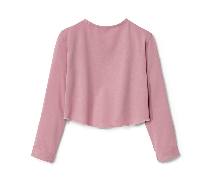 Różowe bolerko niemowlęce z długimi rękawami na białym tle.