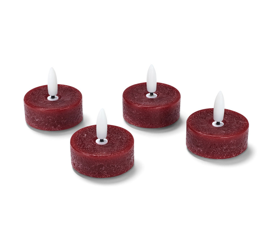 Cztery czerwone świeczki typu tealight LED z prawdziwego wosku.