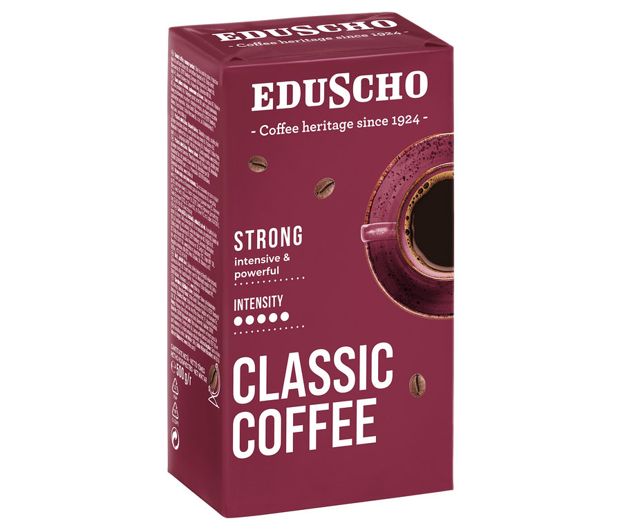 Paczka kawy mielonej Eduscho Classic Coffee Strong 500 g. Na opakowaniu widnieje filiżanka kawy.