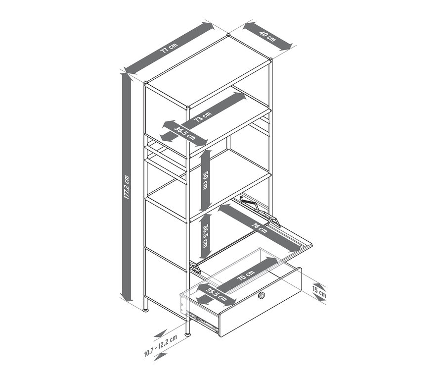 Rysunek metalowego regału „CN3” z 1 klapą i 2 szufladami, zawierający wymiary.