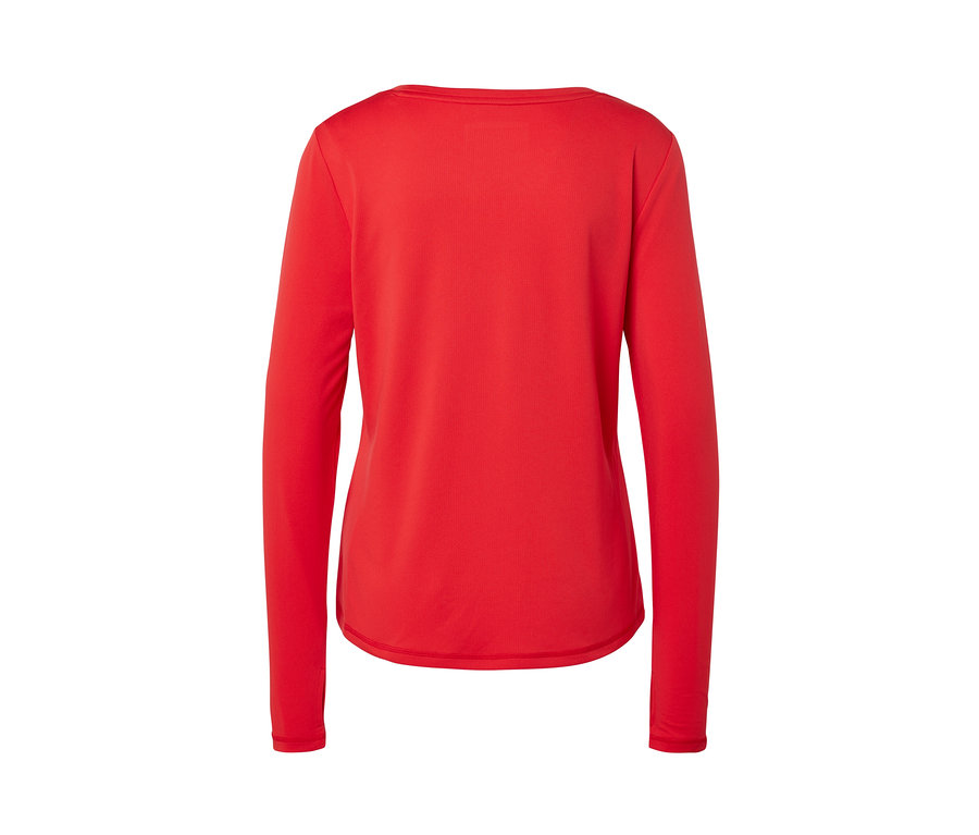 Czerwona koszulka funkcyjna z długim rękawem, widok z tyłu.
