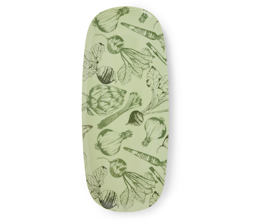 Taca z zielonym nadrukiem warzyw.