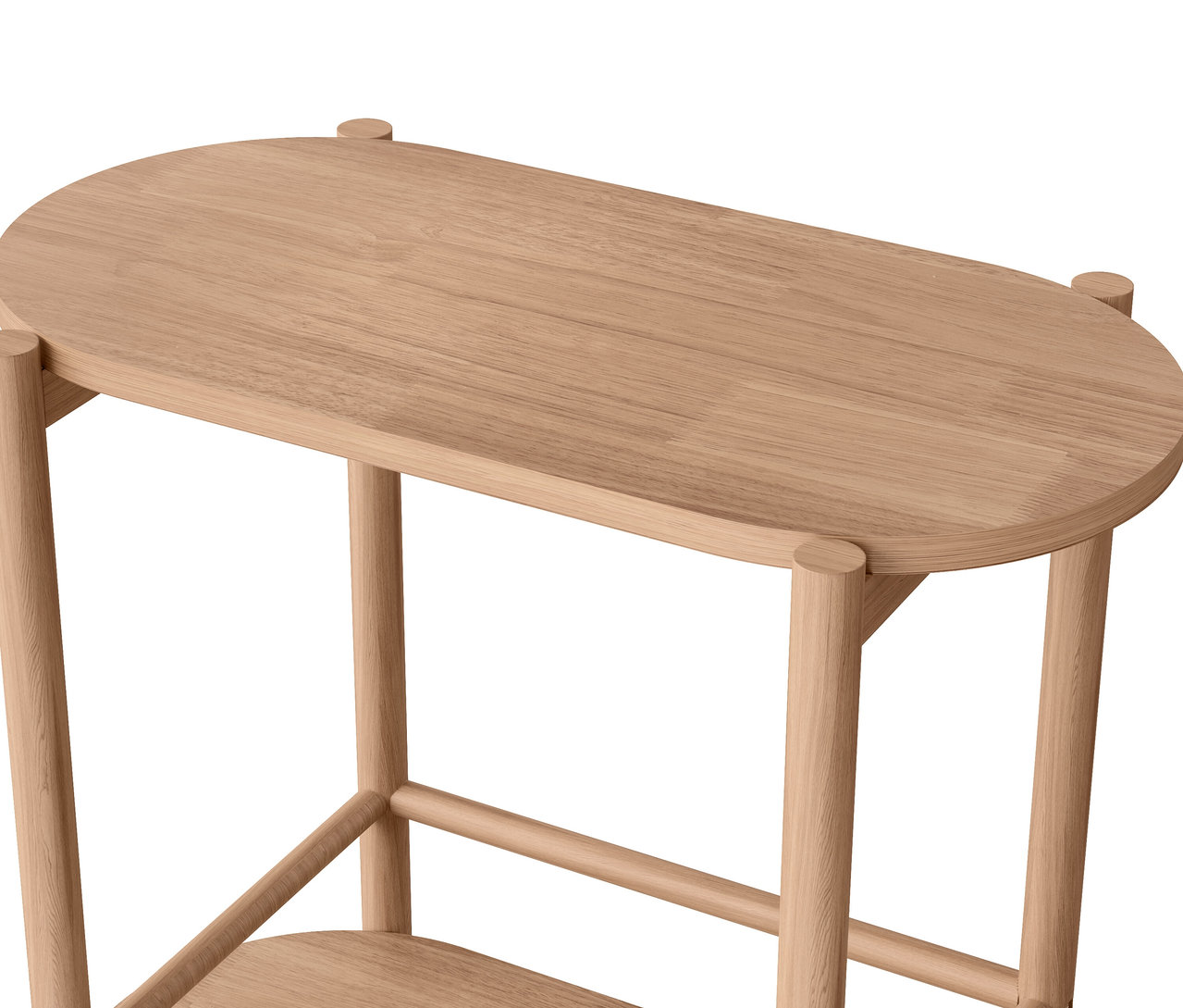 Szczegół dwupoziomowego drewnianego stolika z zaokrąglonymi rogami.