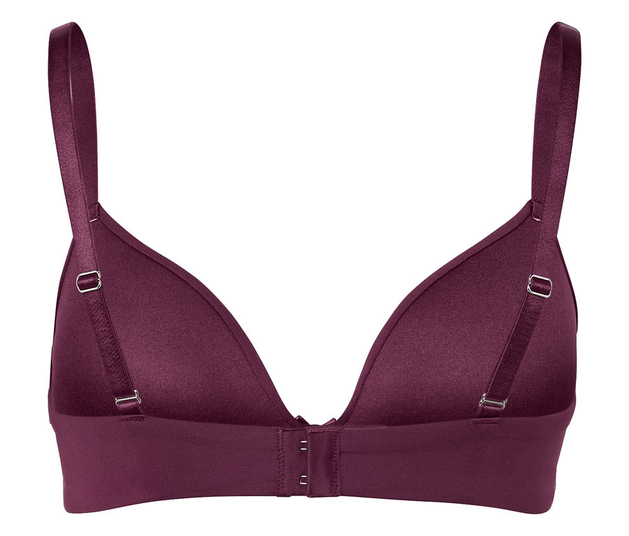 Szczegół fioletowego biustonosza z regulowanymi ramiączkami i zapięciem na haftki.