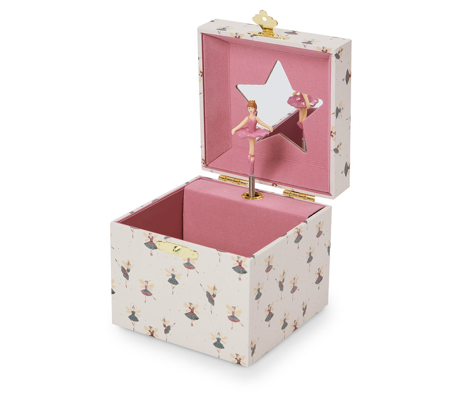 Otwarta szkatułka muzyczna z baletnicą w różowej sukience i lustrem w kształcie gwiazdy.