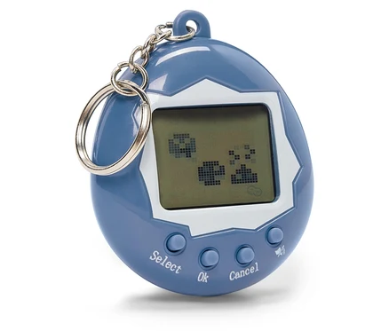 Niebieska zabawka Tamagotchi z grafiką pikselową na ekranie, z przyciskami Wybierz, OK i Anuluj.