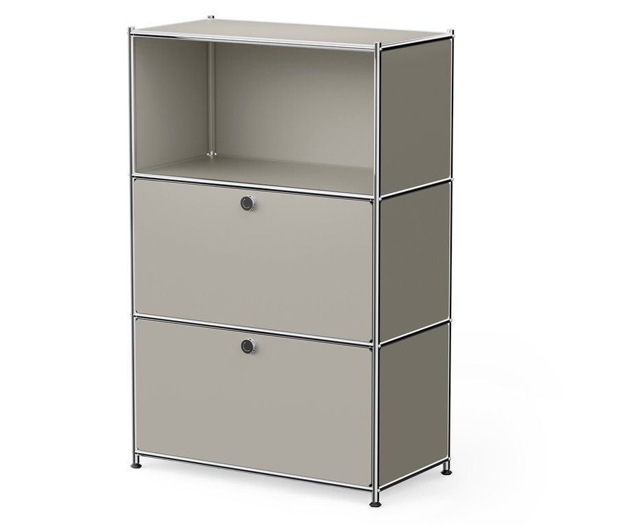 Beżowa szafka z dwiema szufladami i jedną otwartą półką.