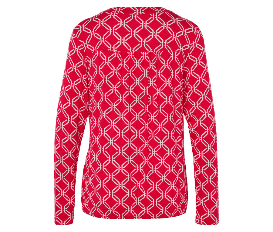 Czerwono-biała damska bluzka z długim rękawem i geometrycznym wzorem.
