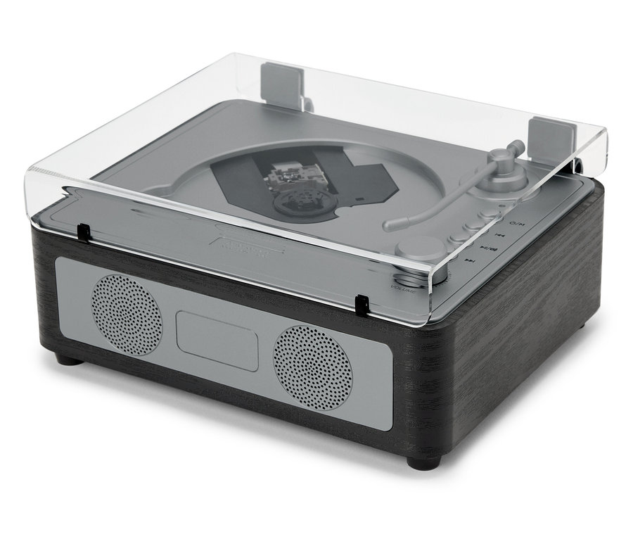 Głośnik CD/Bluetooth® z przezroczystą pokrywą stoi na białej powierzchni.