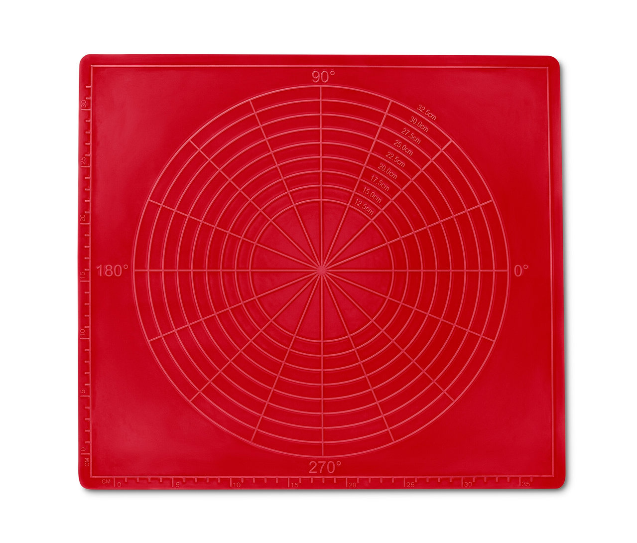 Czerwona mata do pieczenia z zaznaczonymi kątami i okręgami.