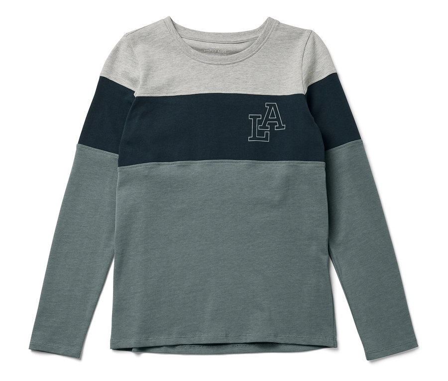 Trójkolorowa koszulka z długim rękawem z szarą górną częścią, granatową środkową częścią i szarozieloną dolną częścią oraz logo LA.