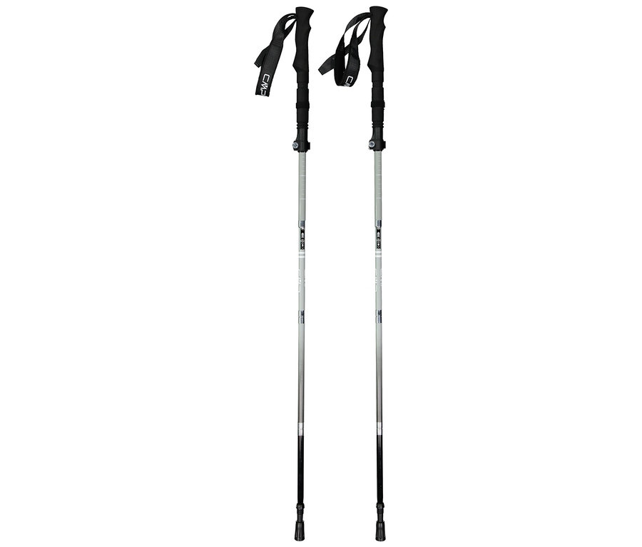 Dwa srebrne kijki trekkingowe z czarnymi uchwytami i paskami na nadgarstki stoją na białym tle.