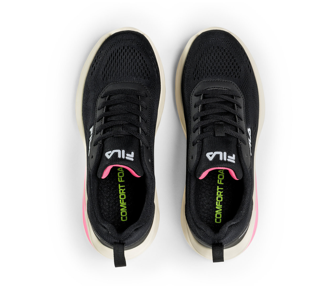 Widok z góry na dwa czarne damskie sneakersy FILA Specctris.