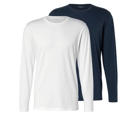 Dwa T-shirty z długim rękawem, jeden biały i jeden granatowy, leżą na sobie.