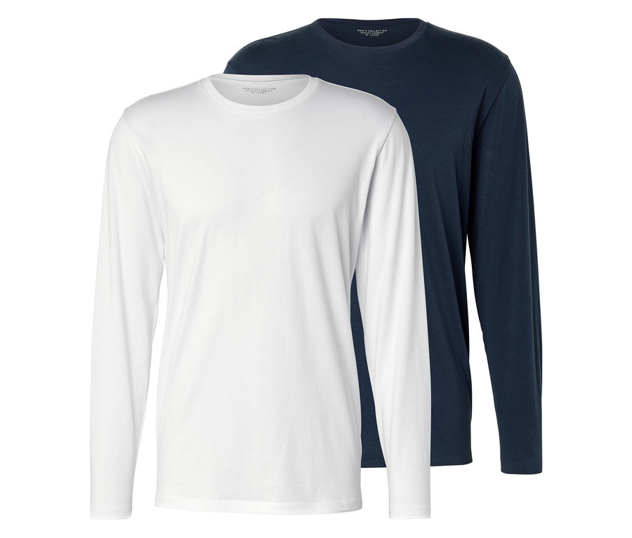 Dwa T-shirty z długim rękawem, jeden biały i jeden granatowy, leżą na sobie.