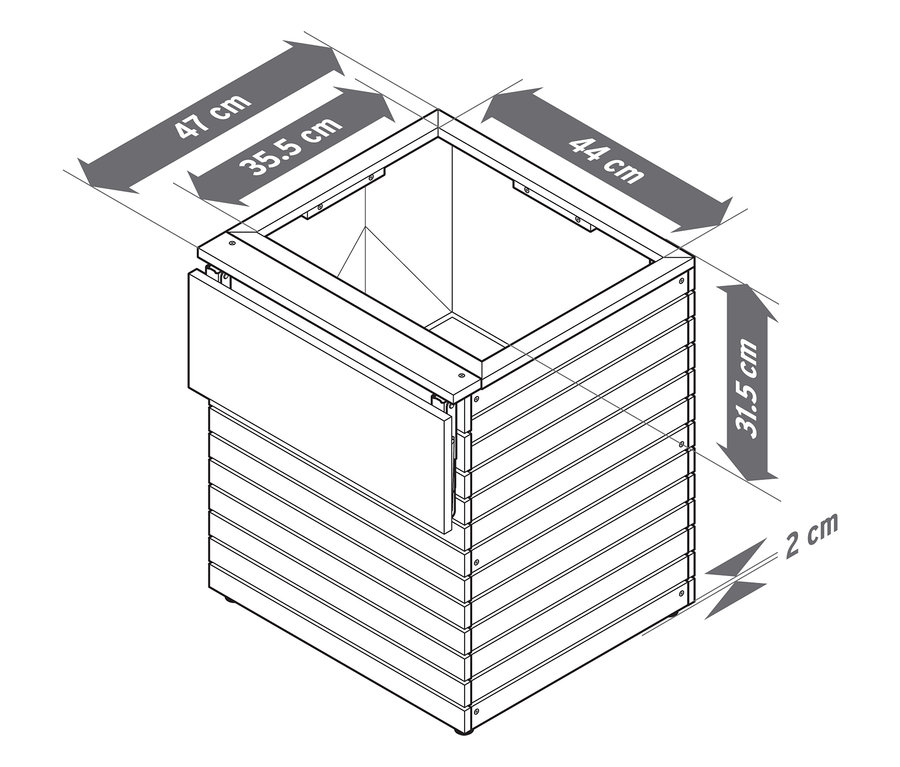 Zdjęcie skrzynki na kwiaty z rozkładanym stolikiem „Tinus” z wymiarami.