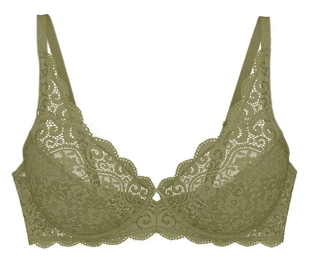 Biustonosz Triumph Amourette W w kolorze olive gold, wykonany z koronki, z falistymi brzegami i cienkimi ramiączkami.