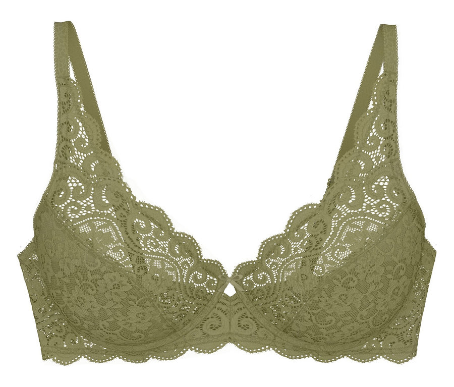 Biustonosz Triumph Amourette W w kolorze olive gold, wykonany z koronki, z falistymi brzegami i cienkimi ramiączkami.