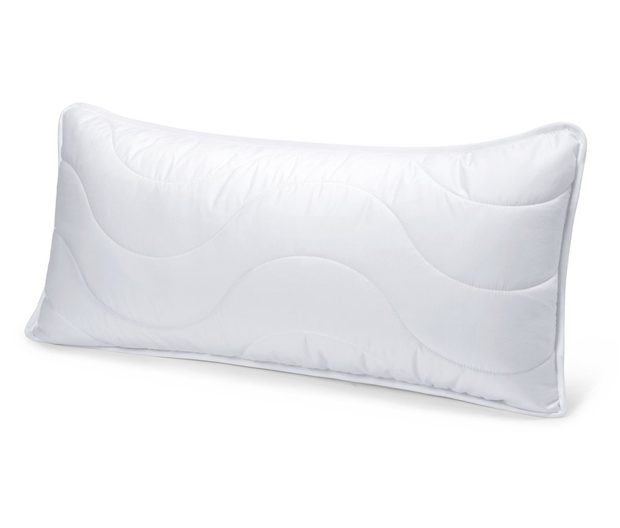 Biała poduszka odporna na pranie w wysokiej temperaturze, ok. 80 x 40, leży na białym tle.