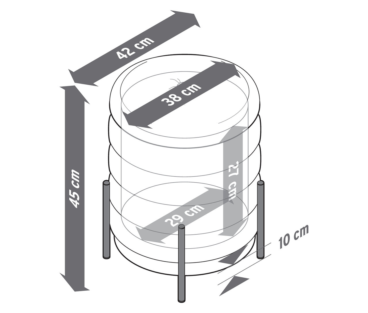 Ilustracja stołka z miejscem do przechowywania o wymiarach 42 cm szerokości, 45 cm wysokości i 38 cm średnicy.