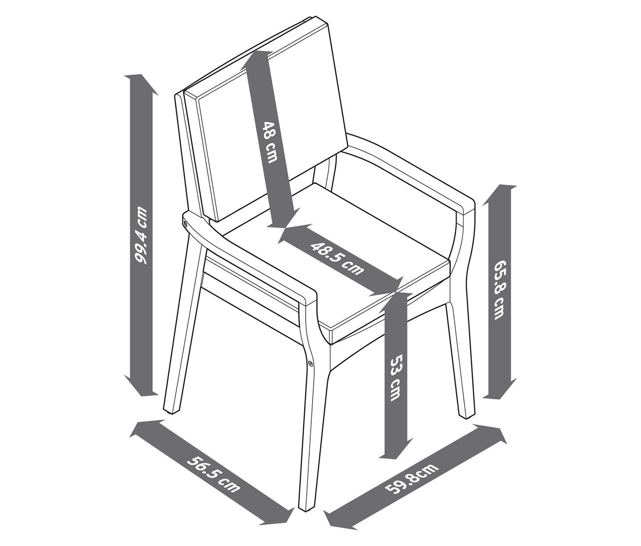 Ilustracja przedstawia wymiary krzesła ogrodowego z drewna tekowego.