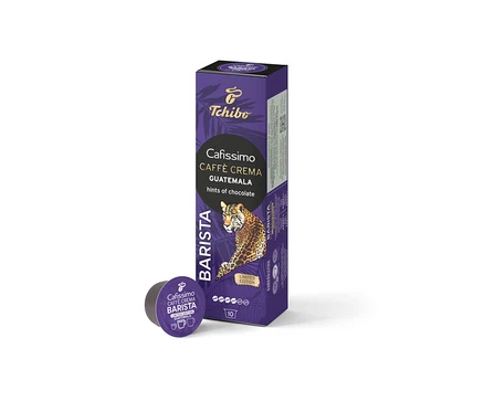 Fioletowe opakowanie Cafissimo BARISTA Caffè Crema Guatemala z kapsułką.