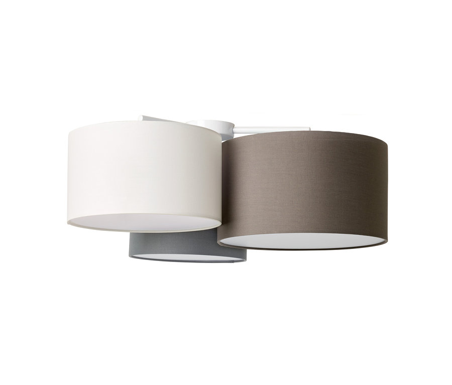 Lampa sufitowa z trzema cylindrycznymi abażurami z tkaniny w kolorach białym, ciemnoszarym i jasnoszarym.