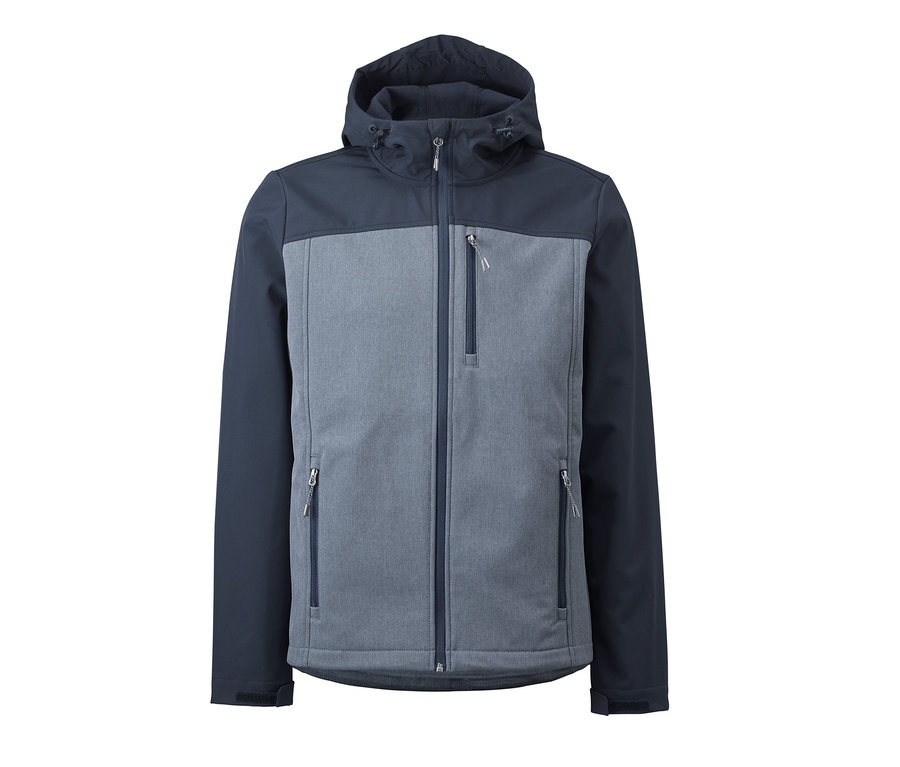 Szara kurtka softshell z granatowymi ramionami i kapturem.
