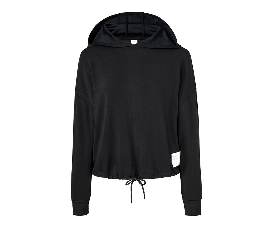Czarna Damska bluza rekreacyjna z dzianiny dresowej z kapturem i sznurkiem.