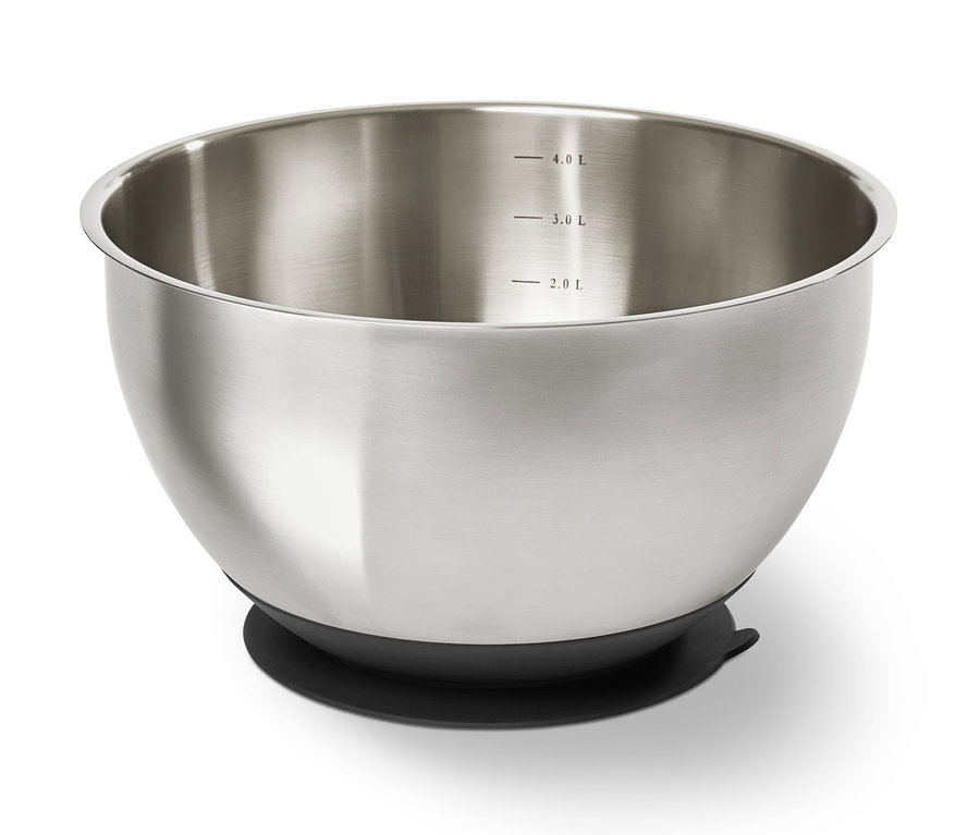 Miska kuchenna ze stali nierdzewnej z czarną podstawą.