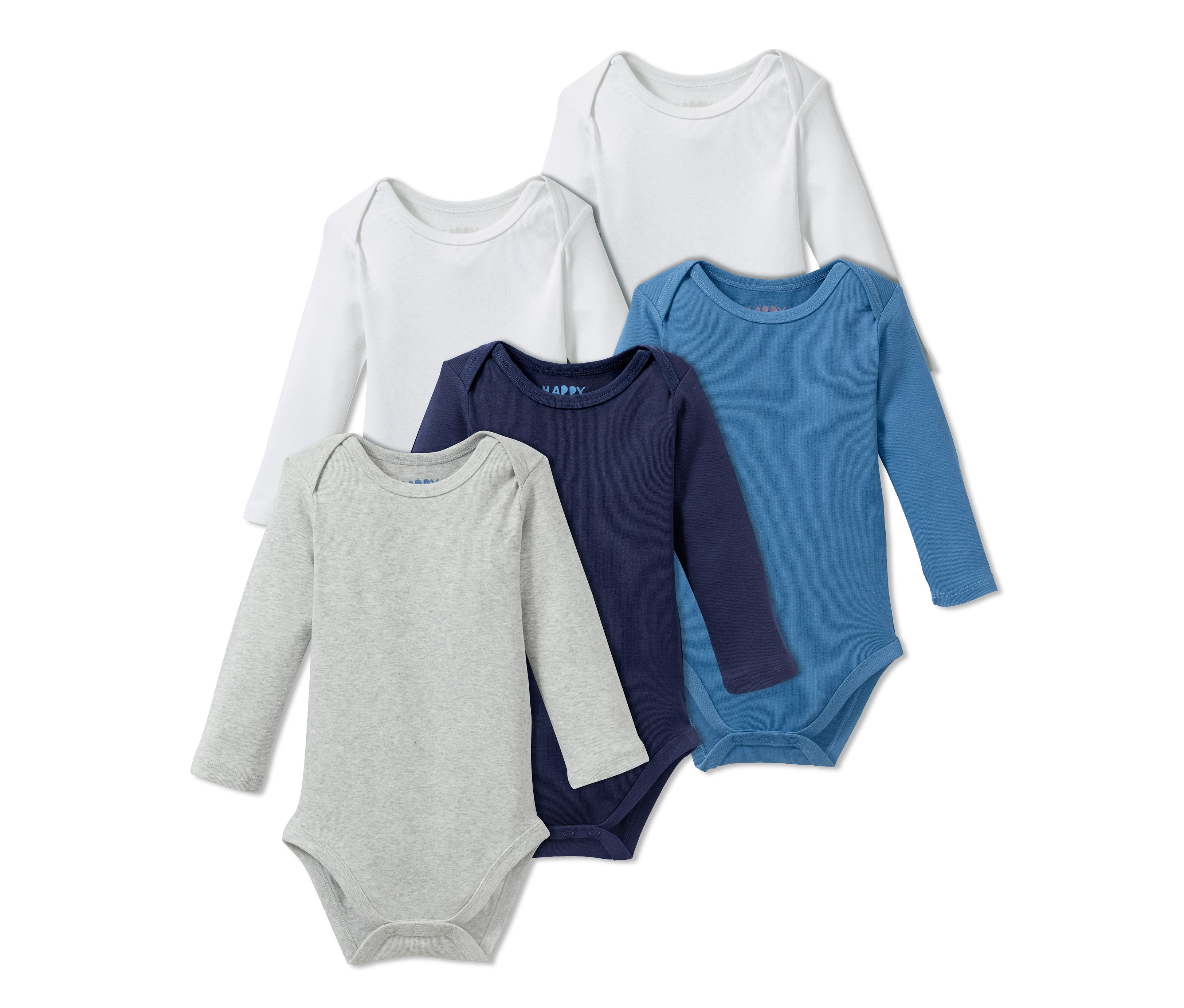 Pięć body dziecięcych z długim rękawem w kolorze białym, szarym i niebieskim.