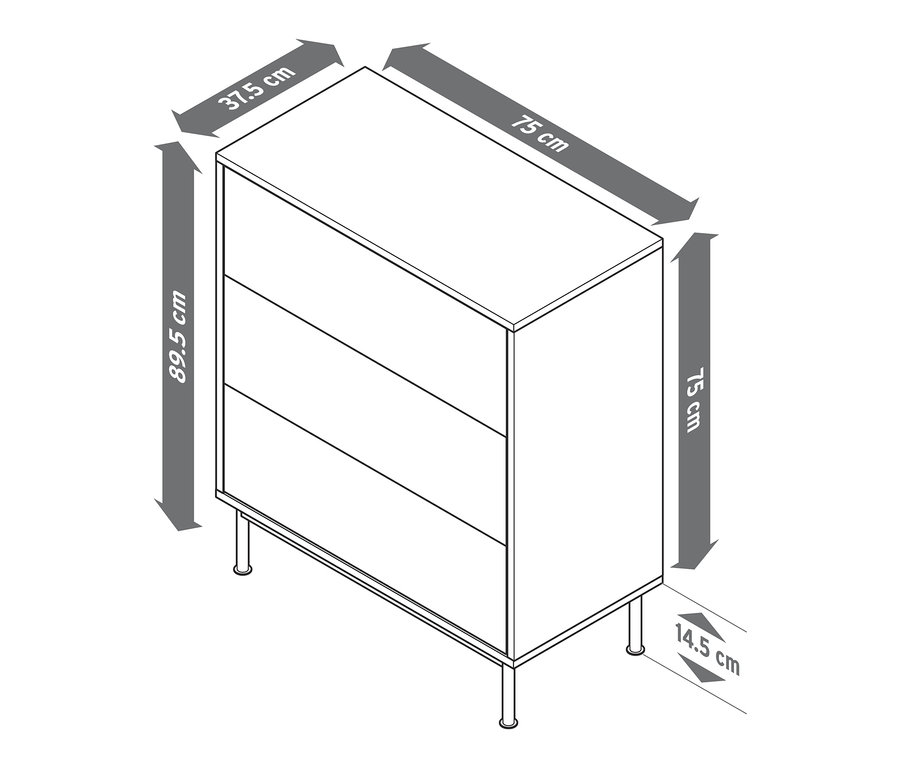 Schemat modułu regału „Flemming” o wymiarach ok. 75 x 75 cm z 3 szufladami w dekorze dębowym.