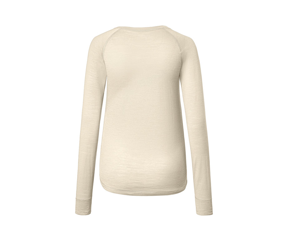 Beżowa koszulka funkcyjna z długim rękawem z wełny merino, widok z tyłu.