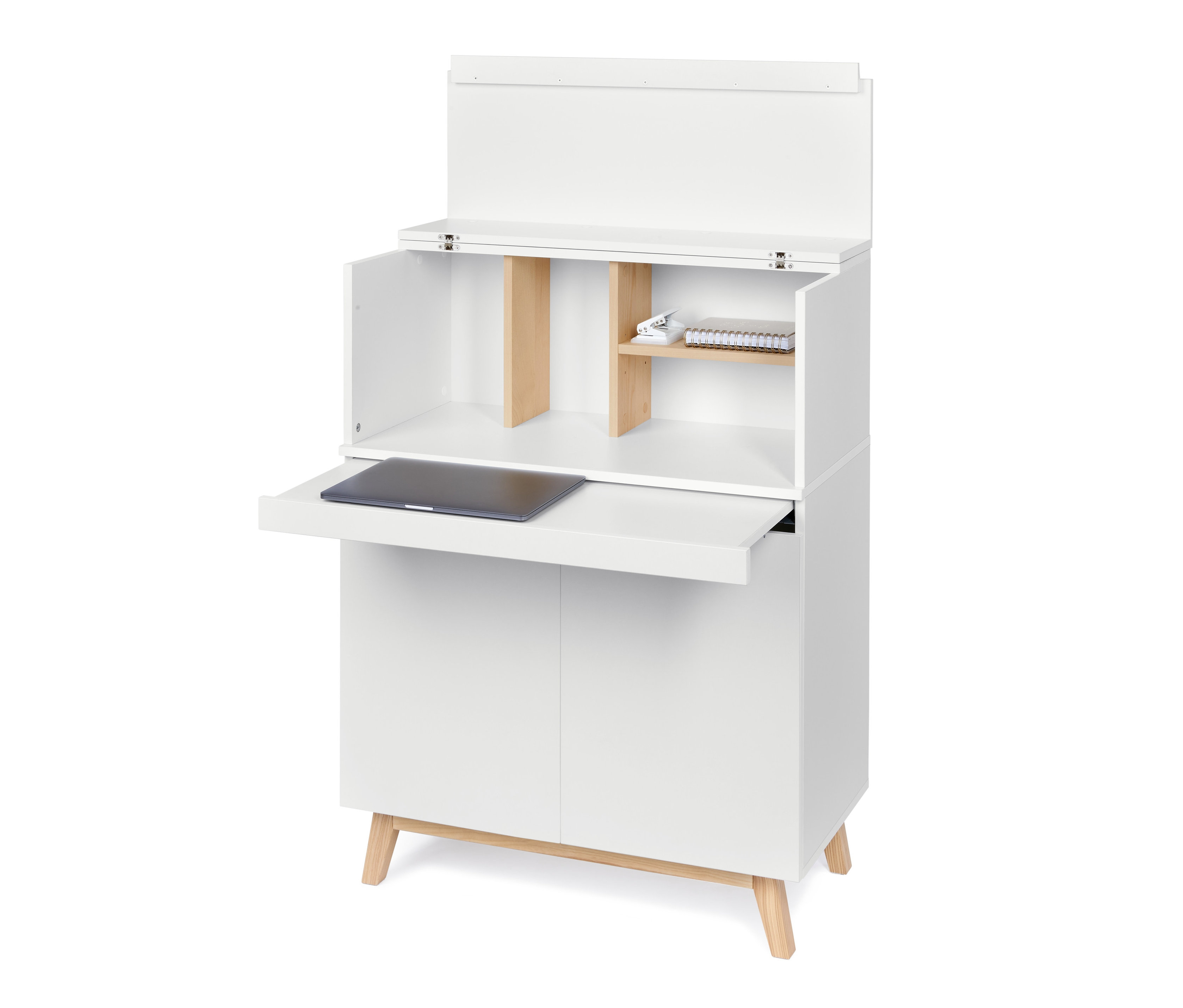 Biały sekretarzyk z rozkładanym blatem, na którym leży laptop.