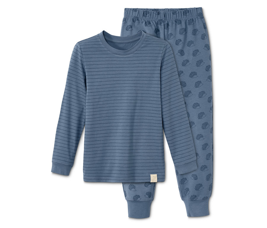 Niebieska piżama w paski z nadrukiem jeża.