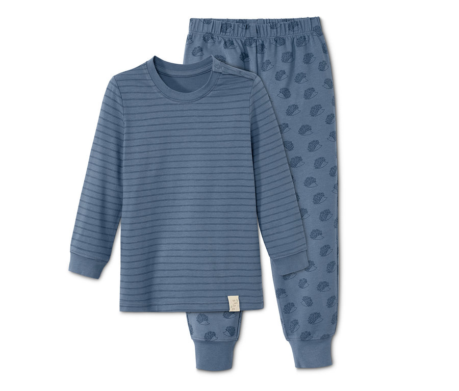 Niebieska piżama w paski z nadrukiem jeża.