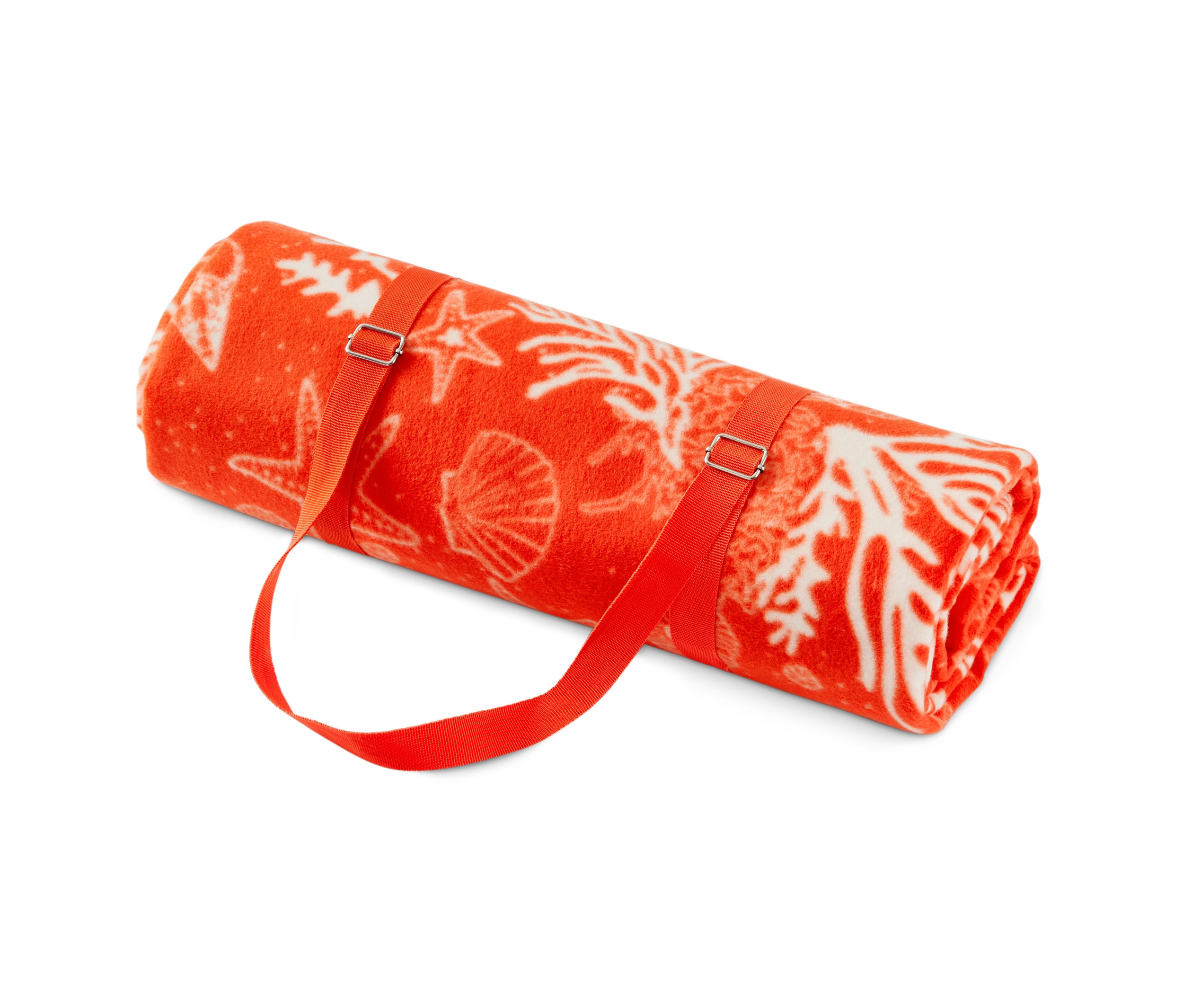 Zwinięty koc piknikowy XL z pomarańczowym wzorem rozgwiazd i muszelek, związany pomarańczowymi paskami.