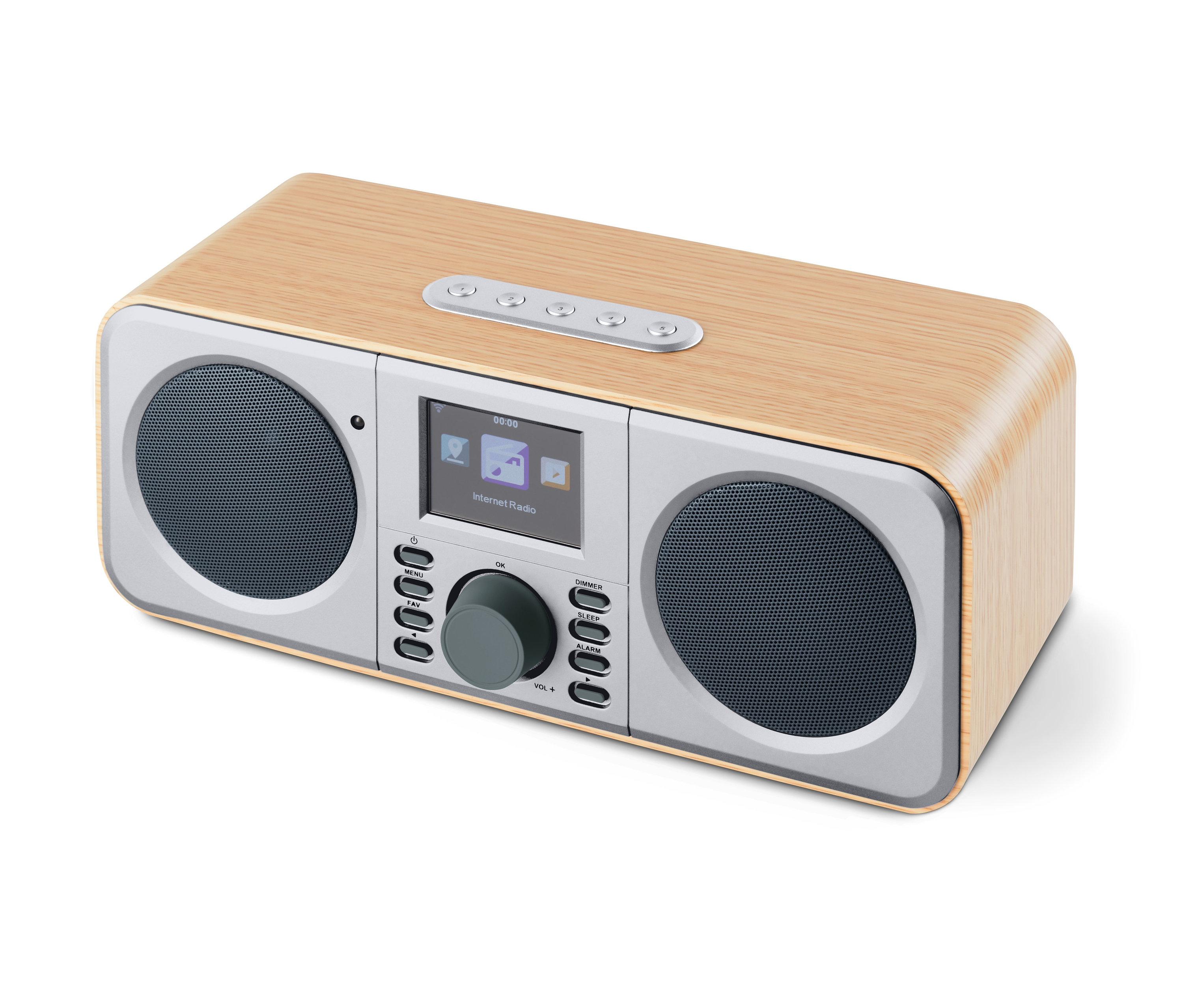 Radio internetowe WLAN z kolorowym wyświetlaczem w drewnianej obudowie.