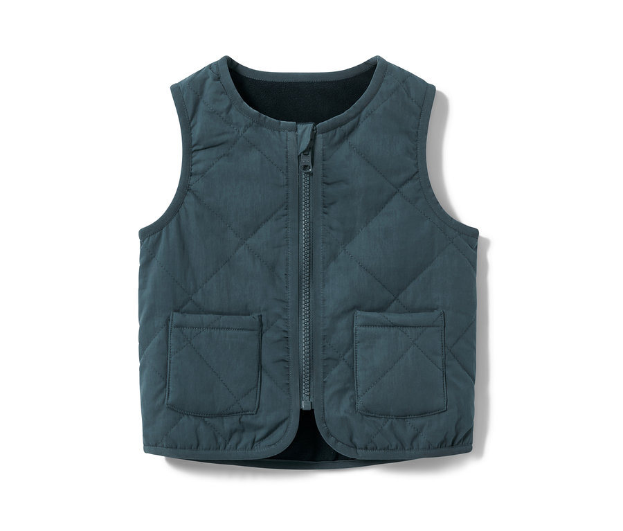 Niebieska dziecięca pikowana kamizelka z zamkiem błyskawicznym i kieszeniami.