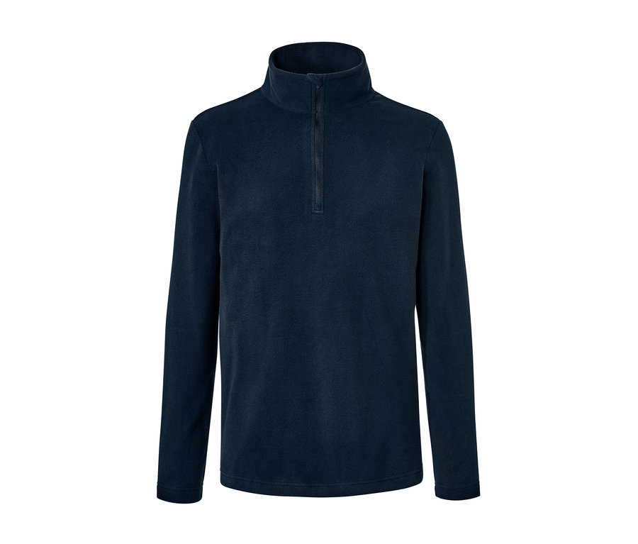 Granatowa koszulka z mikropolaru z długimi rękawami i zamkiem błyskawicznym przy szyi.