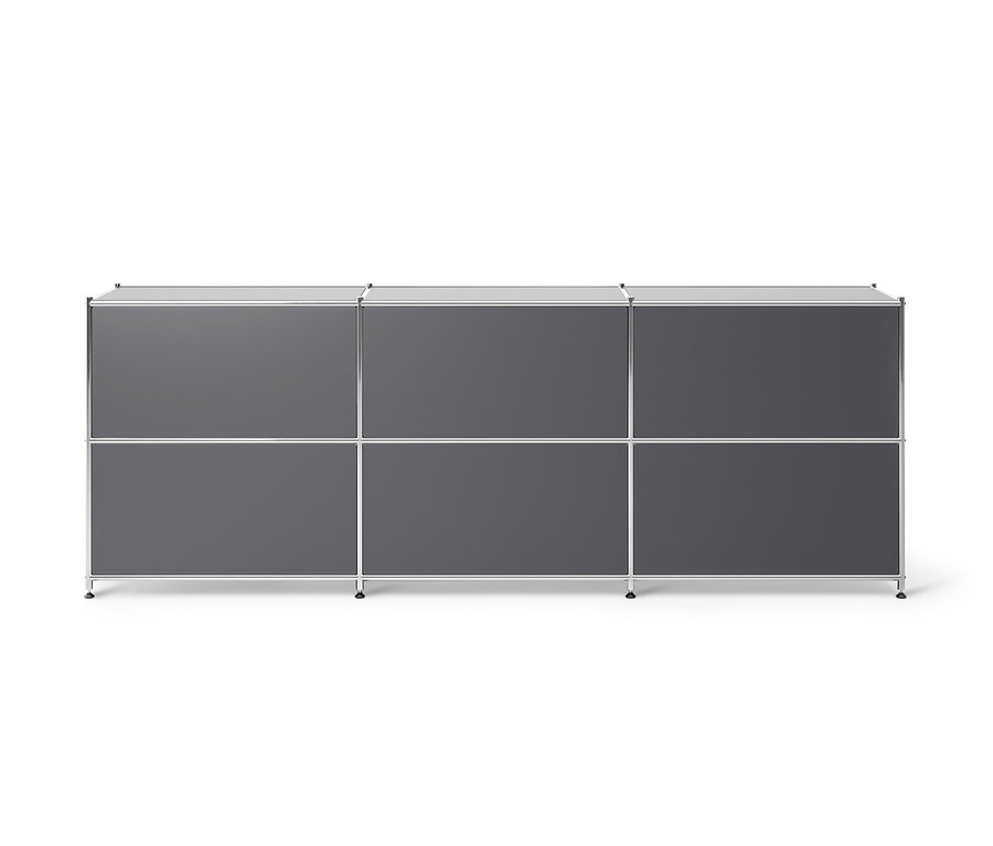 Szara metalowa szafka typu sideboard »CN3« z 3 przesuwnymi przegródkami z klapami.