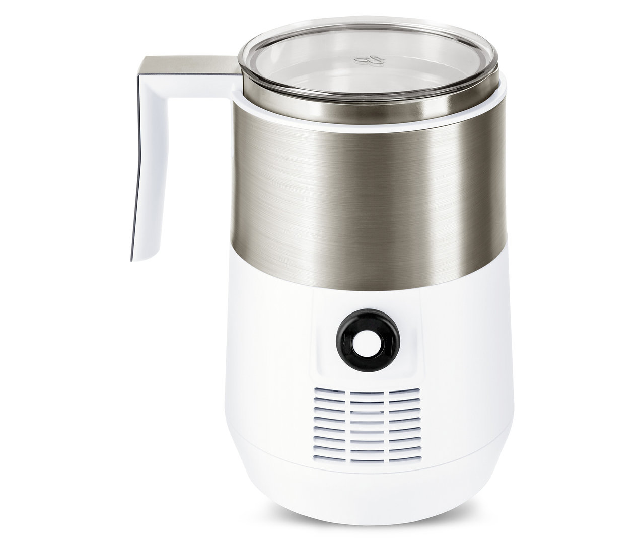 Zbliżenie na indukcyjny spieniacz do mleka w kolorze kremowym i białym.