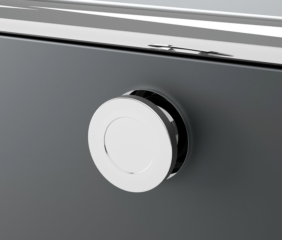 Zbliżenie na szarą metalową komodę CN3 z okrągłym, srebrnym uchwytem.