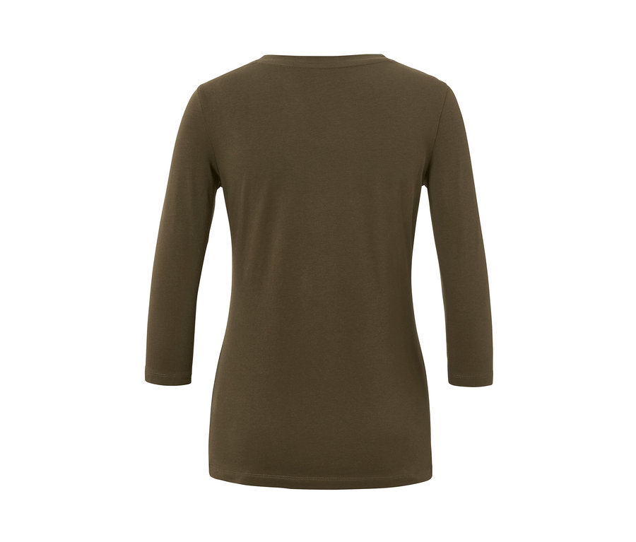 Bluzka khaki z rękawem 3/4 widziana od tyłu.