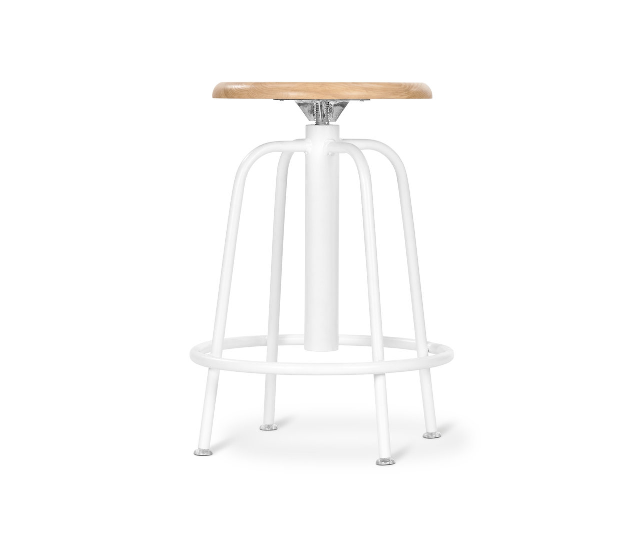 Biały stołek barowy z drewnianym siedziskiem i regulacją wysokości.