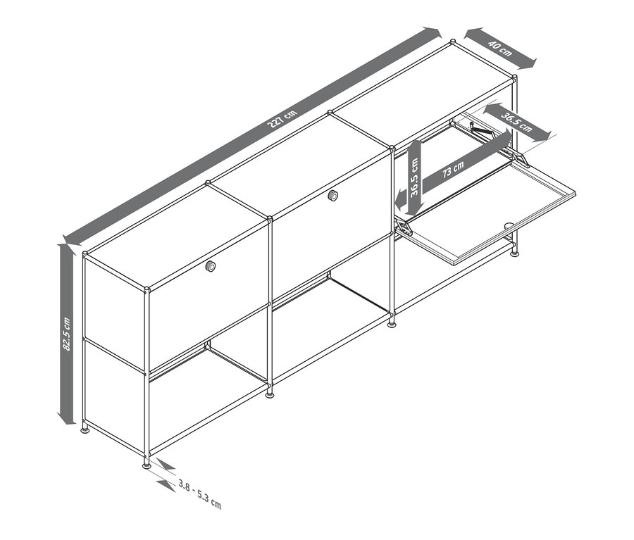 Ilustracja metalowej szafki typu sideboard »CN3« z 3 przesuwnymi przegródkami z klapami, biała i szara, z wymiarami.