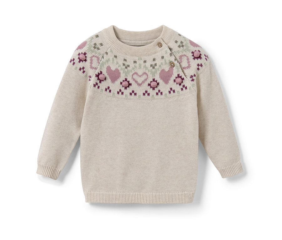 Sweter z norweskim wzorem serc i kwiatów.